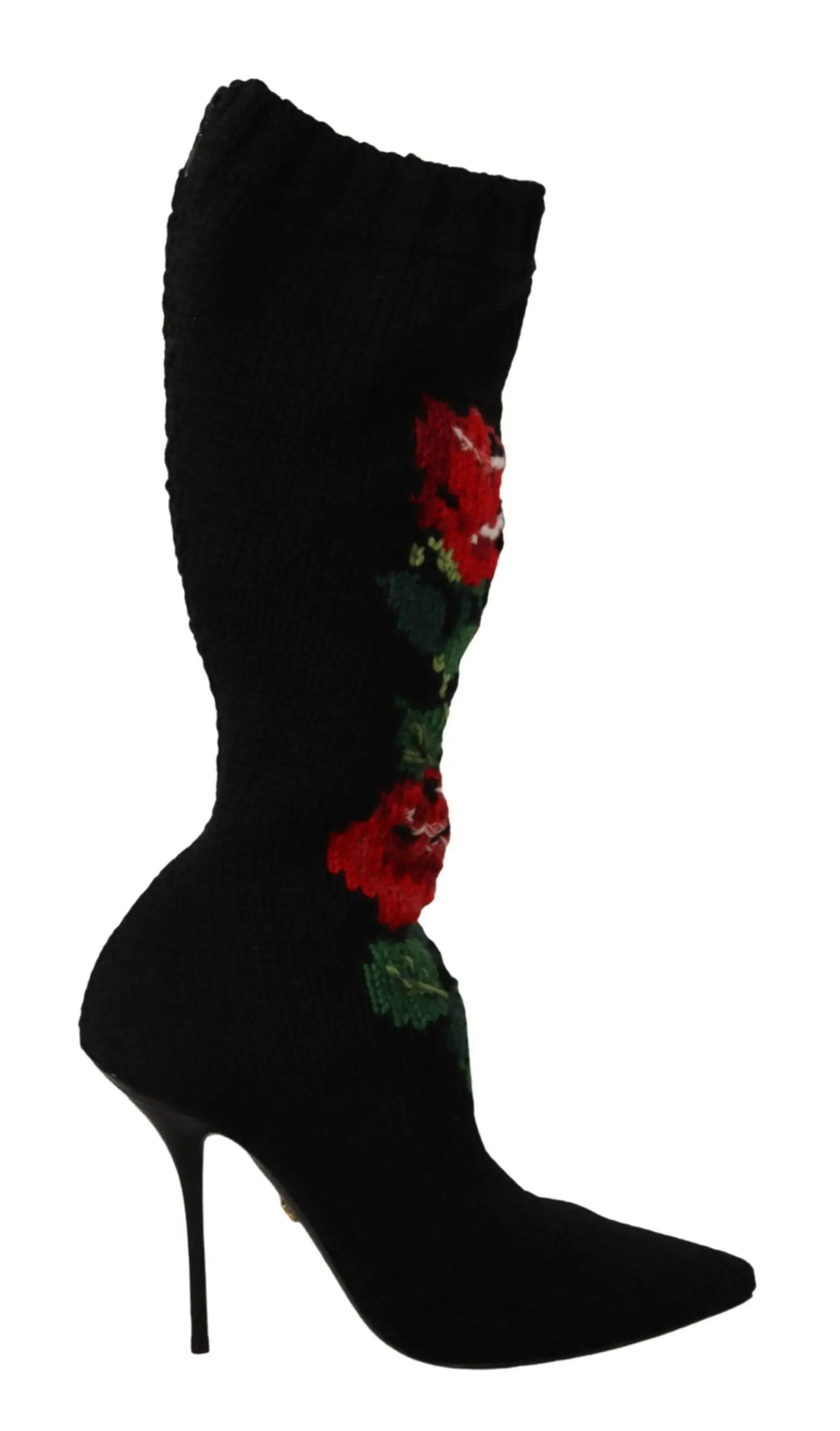 Bottes noires dolce & gabbana hautes jusquau genou avec broderie fleurie rouge et talon fin élégant