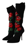 Bottes montantes noires en maille douce dolce & gabbana avec broderie de roses rouges et feuilles vertes design pointu