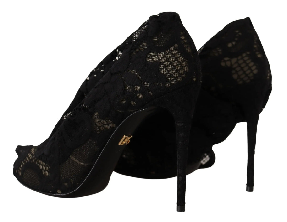 Dolce & gabbana black stretch lace boots with delicate patterned design and slender stiletto heels