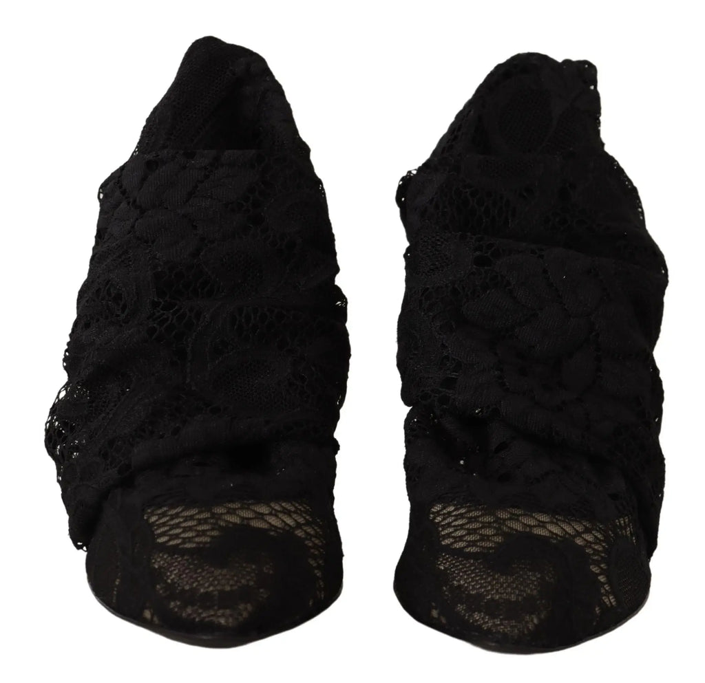 Dolce & gabbana black stretch socks taormina lace boots with black lace high heels and floral mesh toe design