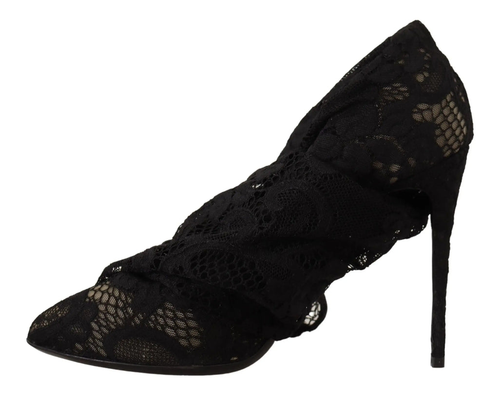 Dolce & gabbana black stretch lace boots with intricate floral pattern and slender stiletto heel