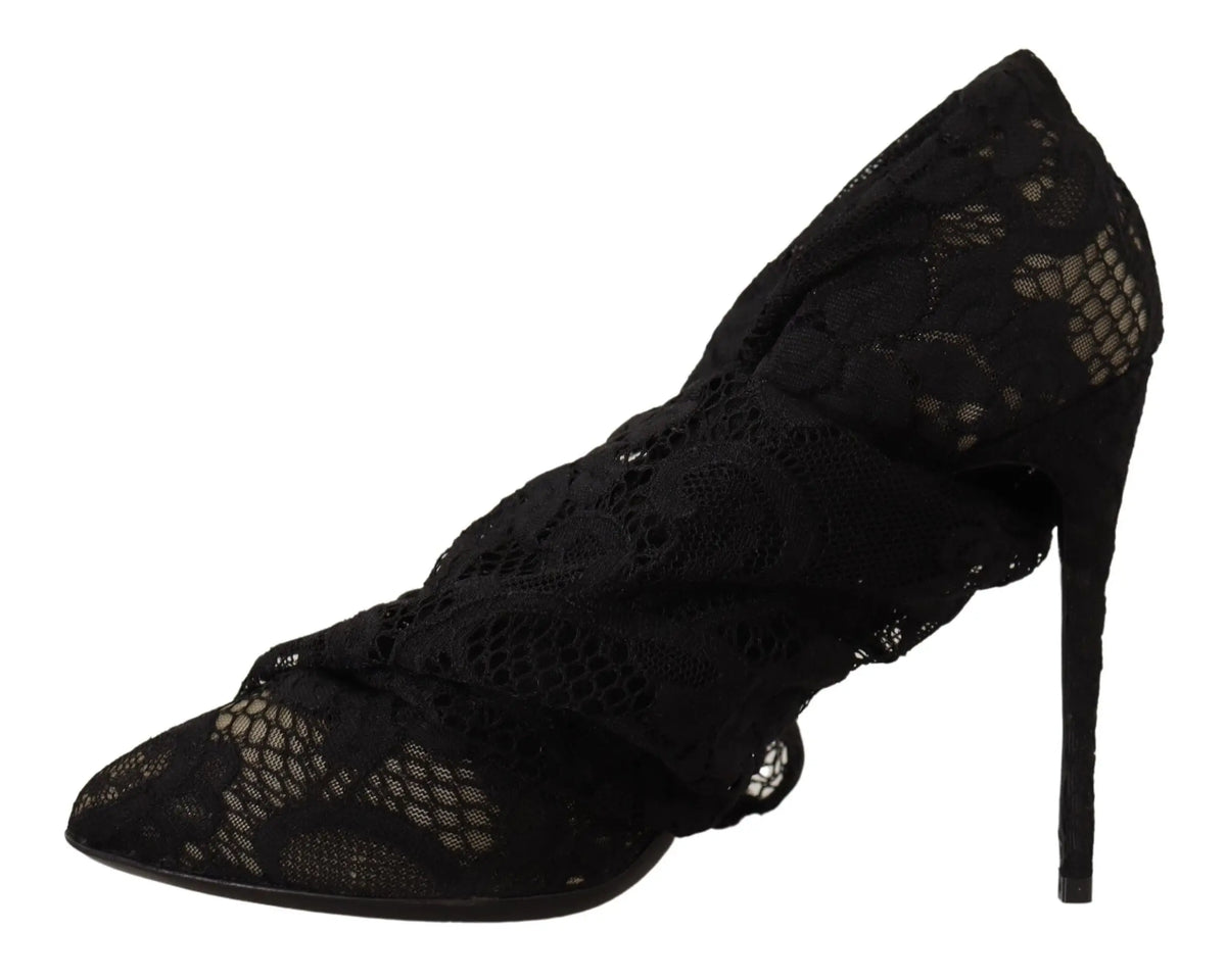 Dolce & gabbana black stretch lace boots with intricate floral pattern and slender stiletto heel