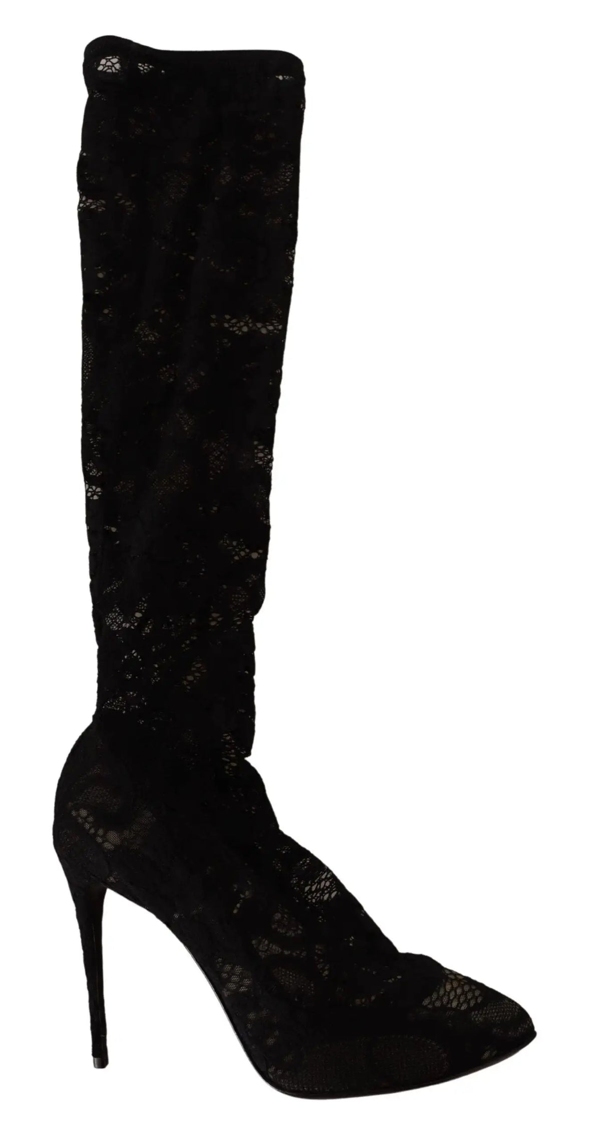 Botte noire dolce gabbana en dentelle taormina à talon aiguille haut et bout pointu avec tige montante au-dessus du genou