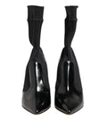 Dolce & gabbana bottines stilettos noires en cuir verni avec bord côtelé en maille extensible type chaussette