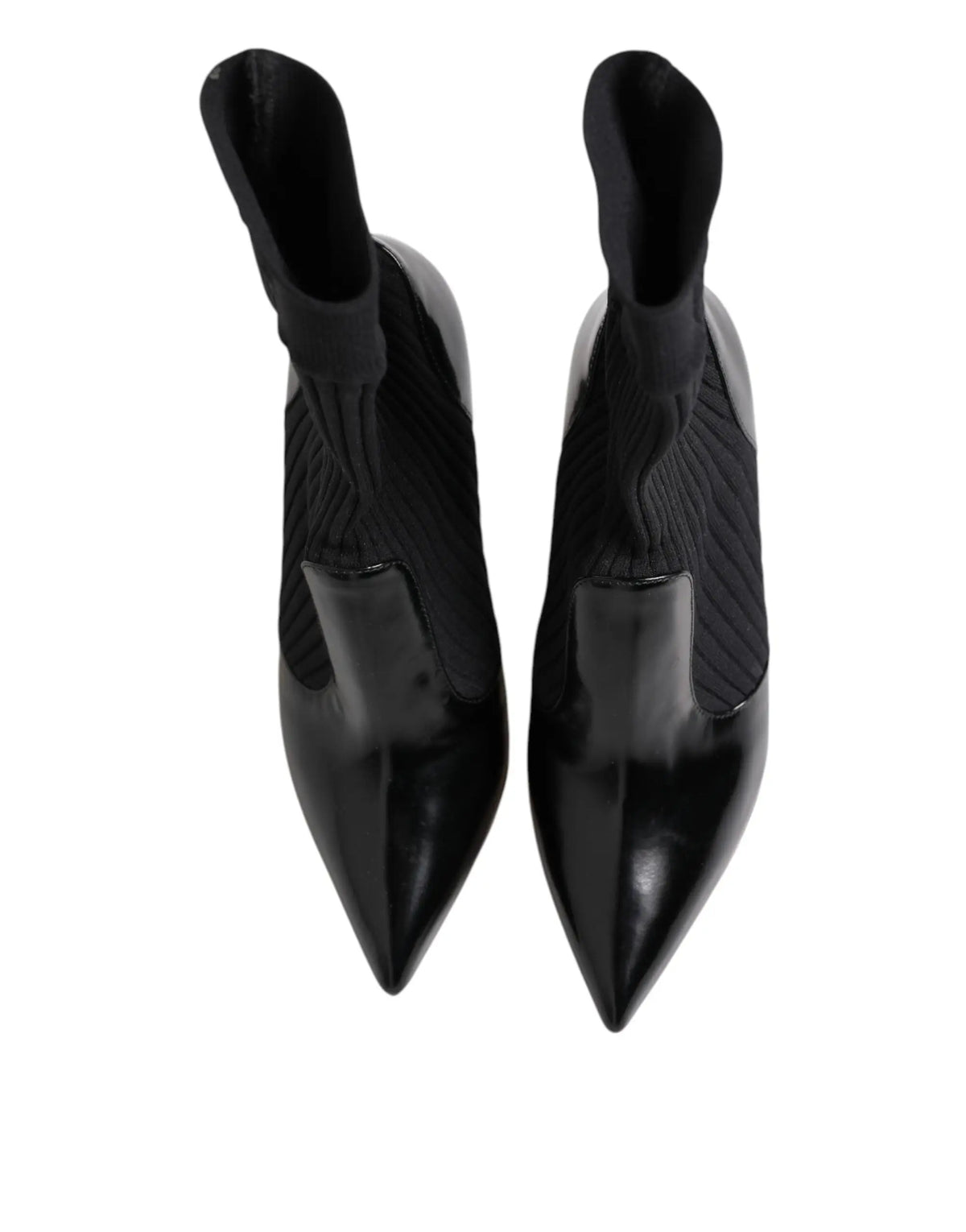 Dolce & gabbana bottines noires en cuir verni avec bout pointu et panneaux elastiques côtelés
