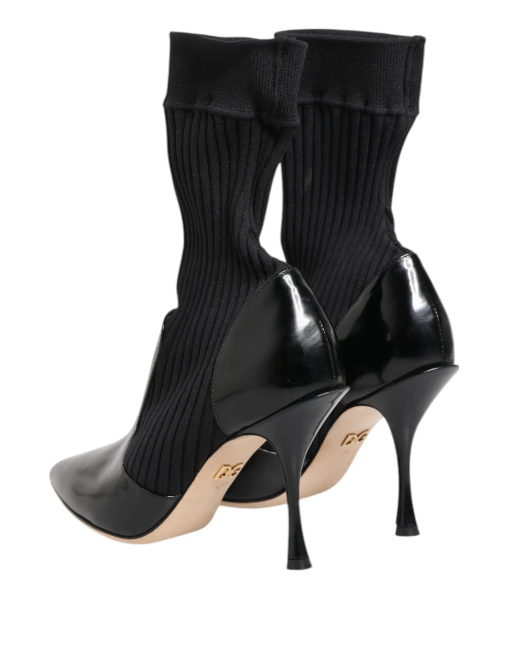 Dolce & gabbana bottines noires style chaussette avec embout et talon en cuir verni et tige en maille côtelée
