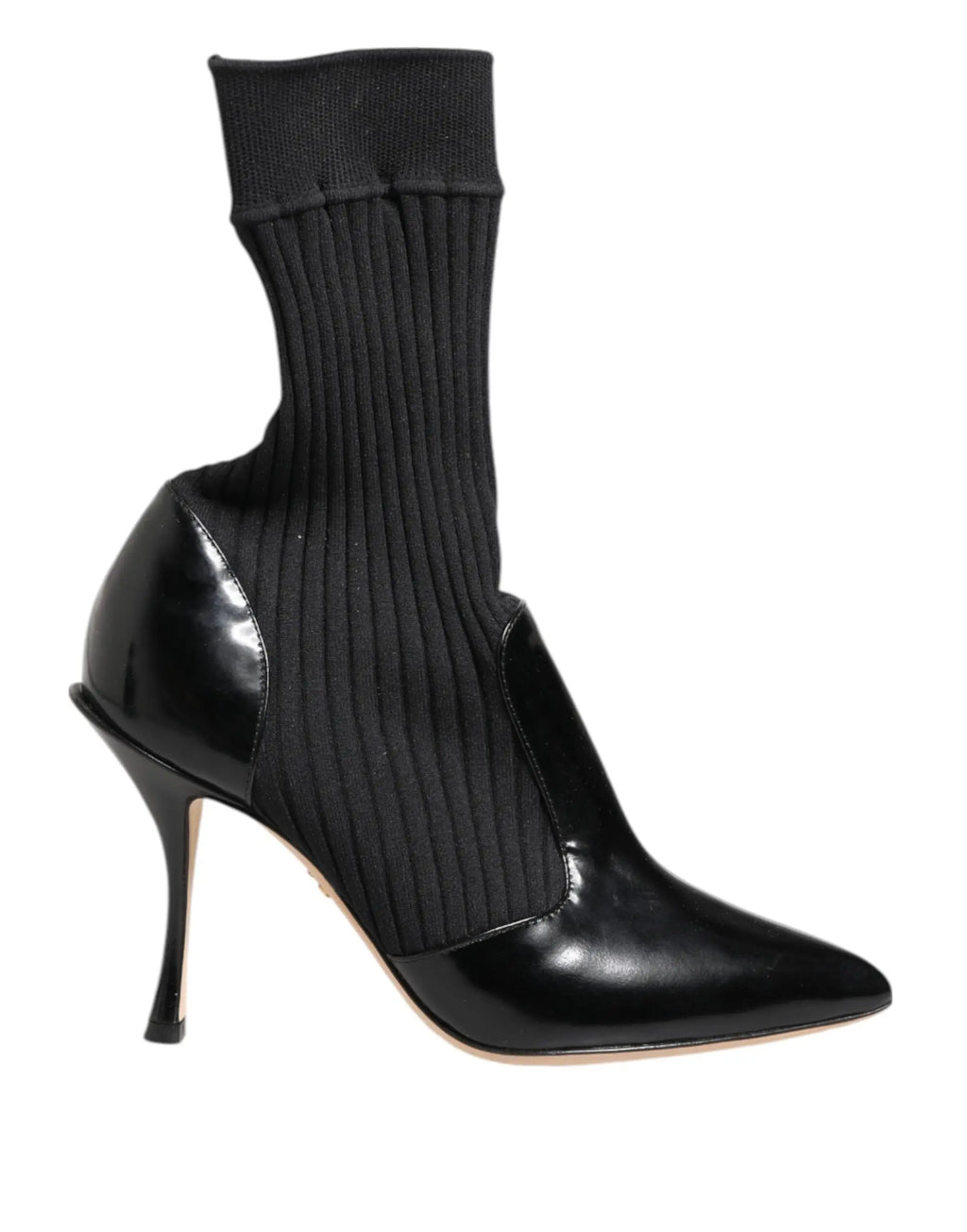 Dolce gabbana bottines à talons noirs avec bout et talon en cuir verni et tige en maille côtelée stretch
