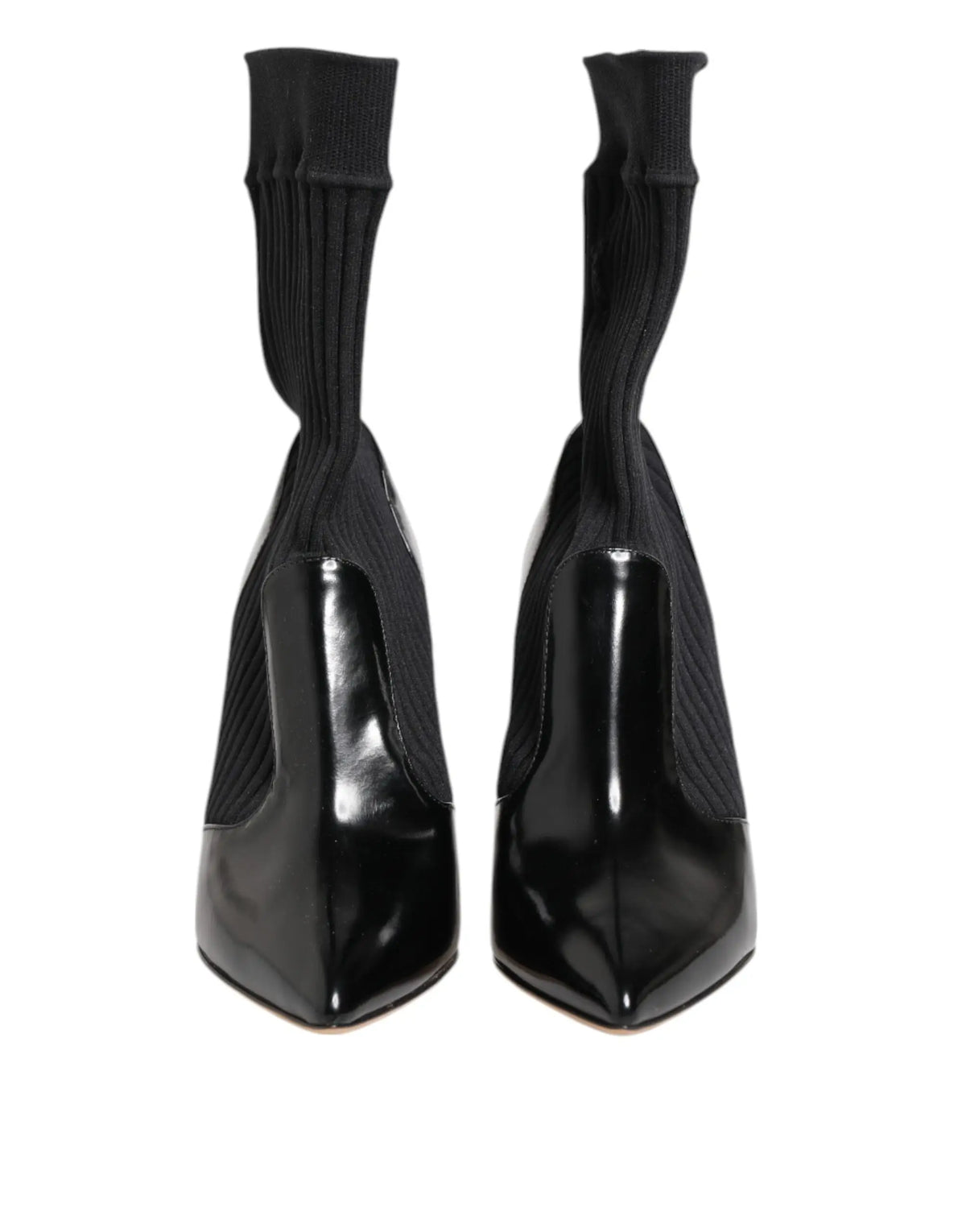 Dolce & gabbana bottines à talons en cuir verni noir avec bord côtelé en tricot style chaussette