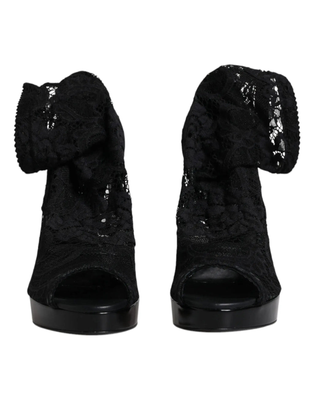 Dolce & Gabbana bottes en dentelle noire stretch avec talons plateforme et volant à la cheville