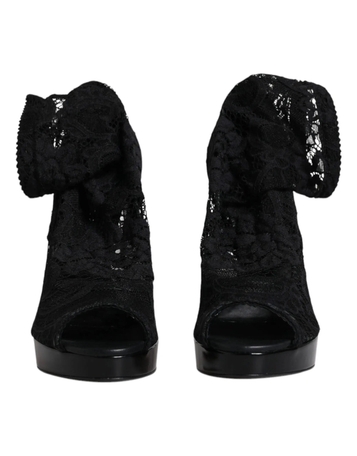 Dolce & Gabbana bottes en dentelle noire stretch avec talons plateforme et volant à la cheville