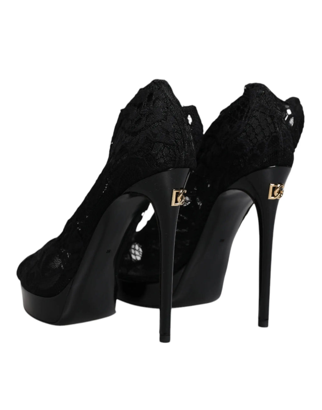 Dolce & gabbana black stretch taormina lace boots with gold-tone branding on the heel shown from the back