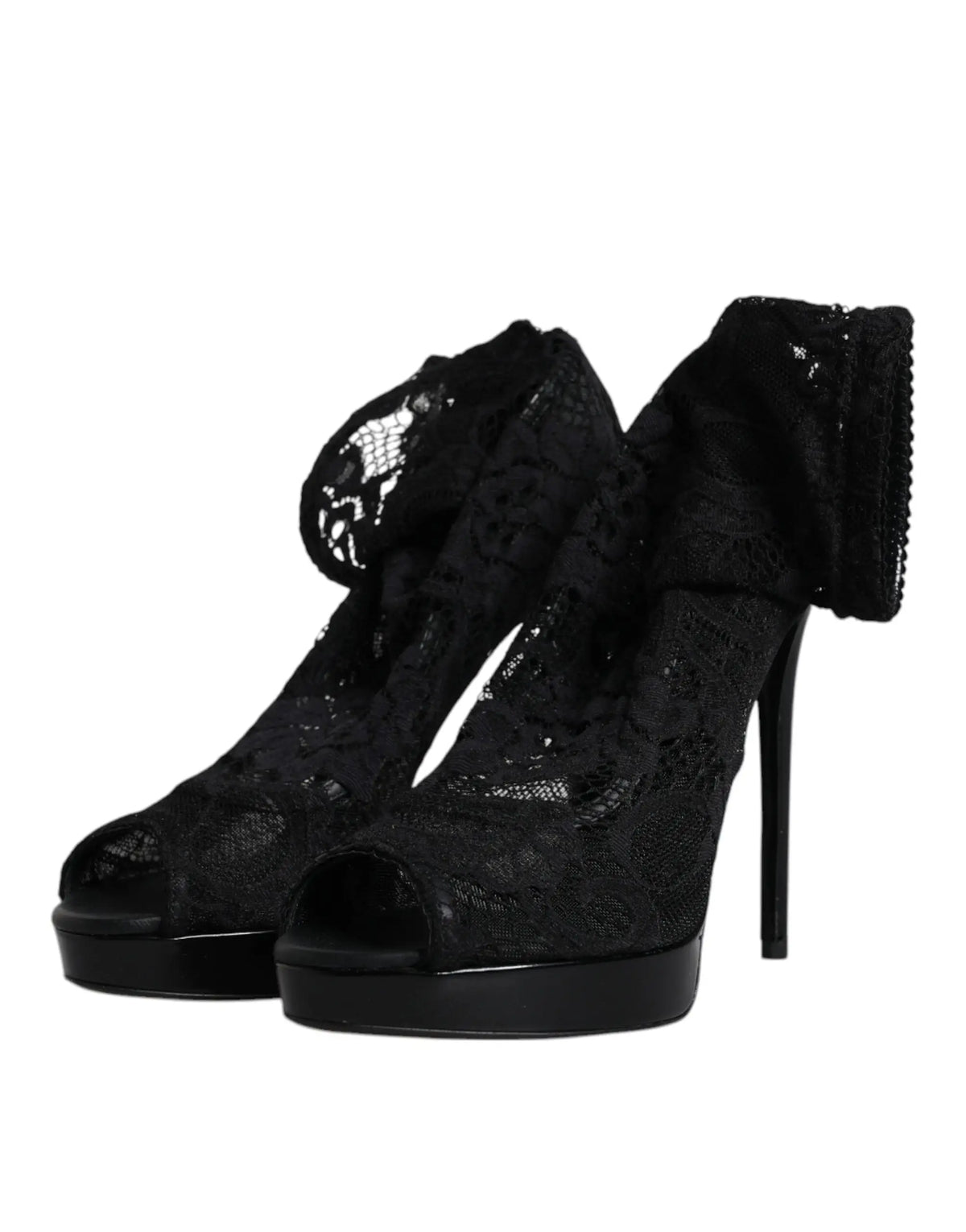 Dolce & gabbana bottines en dentelle stretch taormina noires avec talon stiletto, plateforme, bout ouvert et nœud décoratif à la cheville