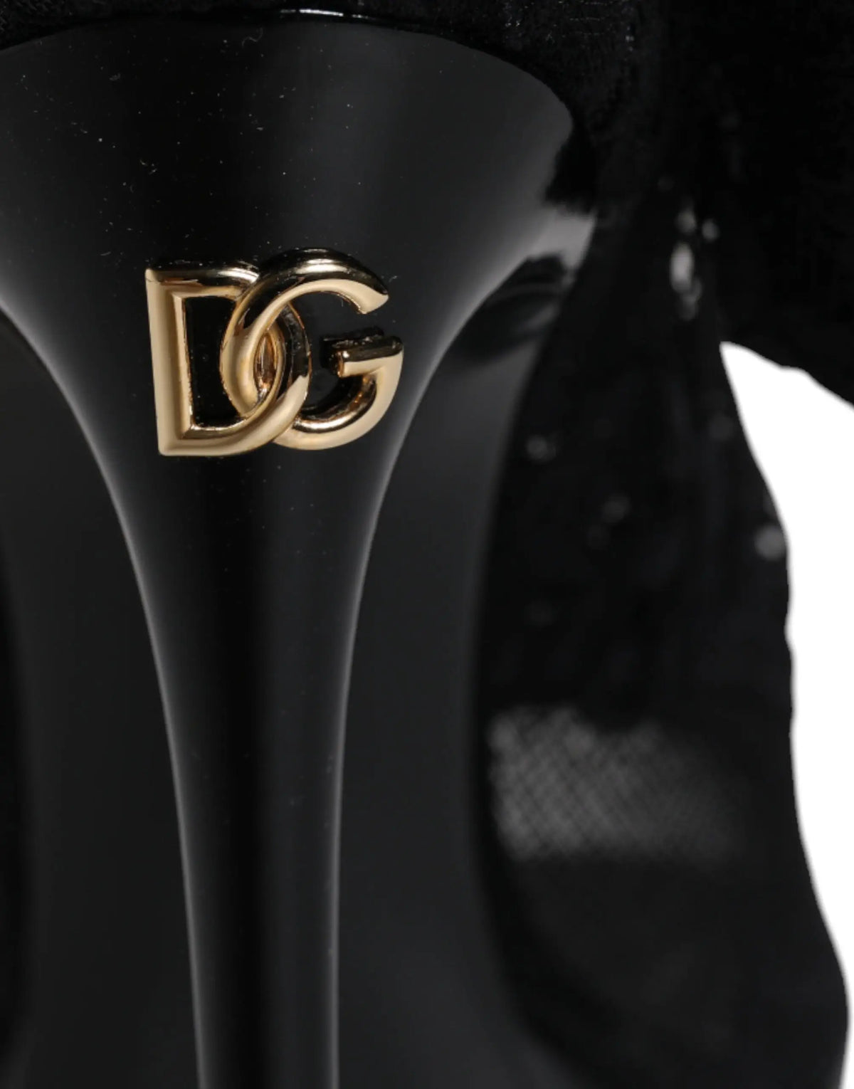 Bottetaormina noire extensible dolce & gabbana en dentelle avec talon haut brillant et logo dg doré