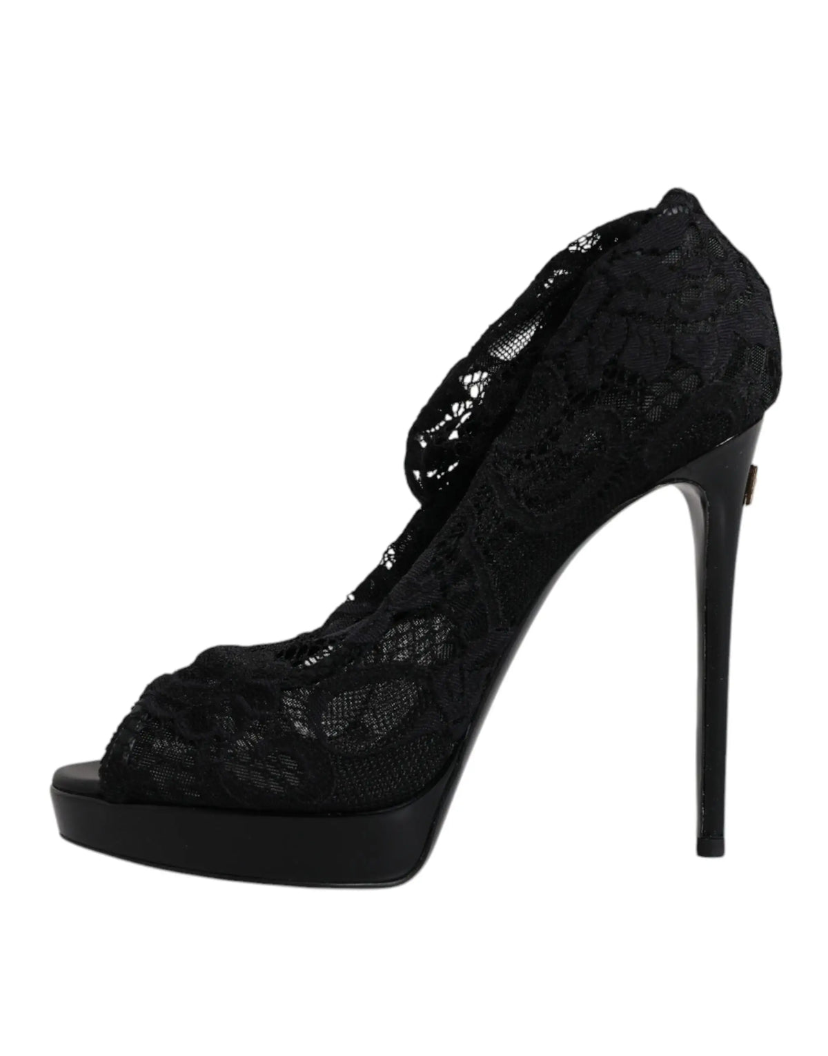 Dolce and gabbana black stretch taormina lace boots featuring peep-toe platform and slender high heel