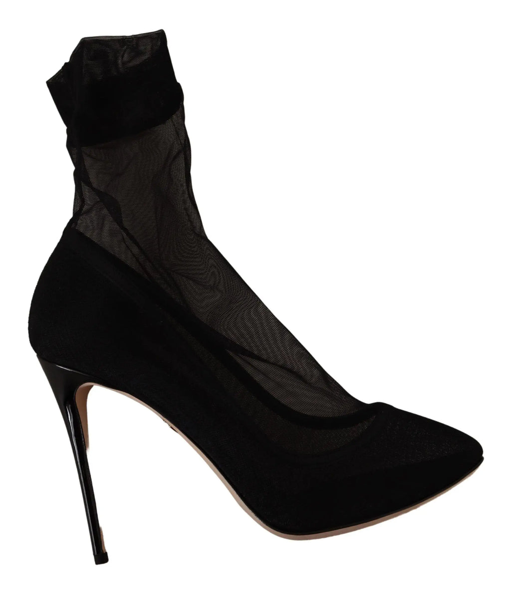 Bottine noire en daim dolce & gabbana avec tulle stretch transparent et talon fin haut