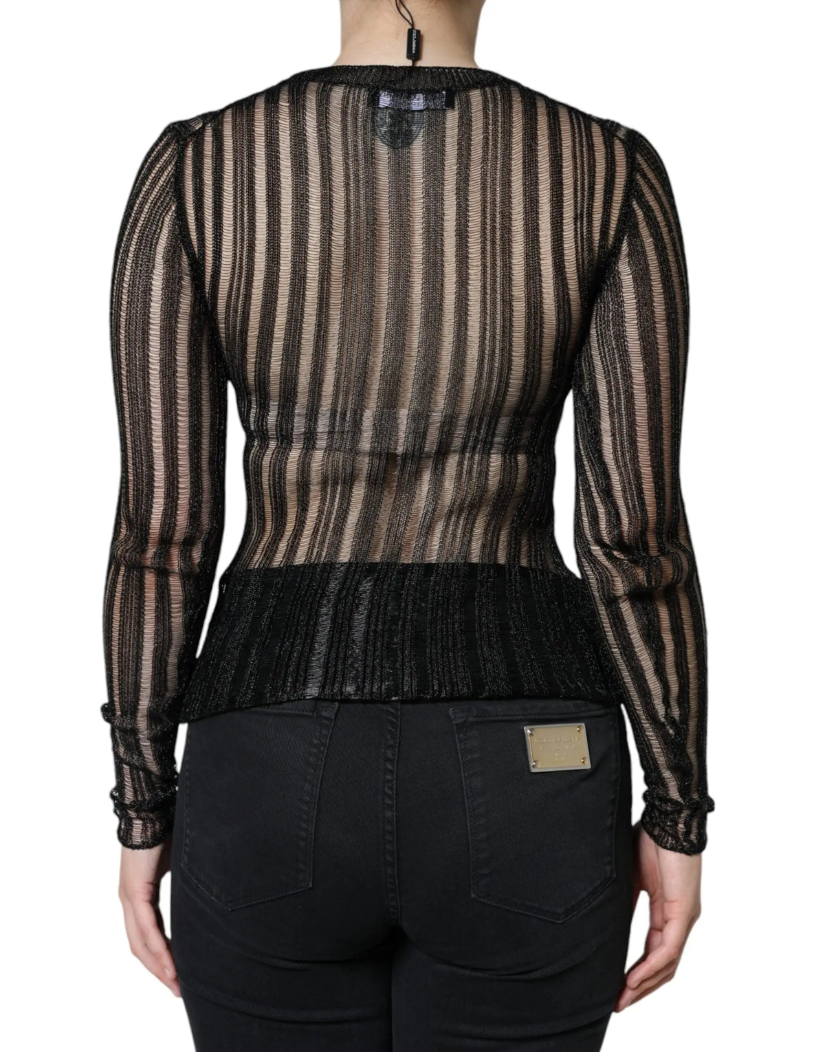 Dolce & Gabbana top noir à rayures beige transparentes à manches longues avec taille côtelée texturée