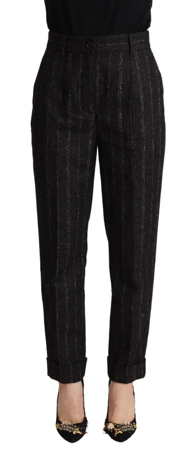 Pantalon dolce & gabbana noir à rayures fines taille haute coupe ajustée avec revers roulés