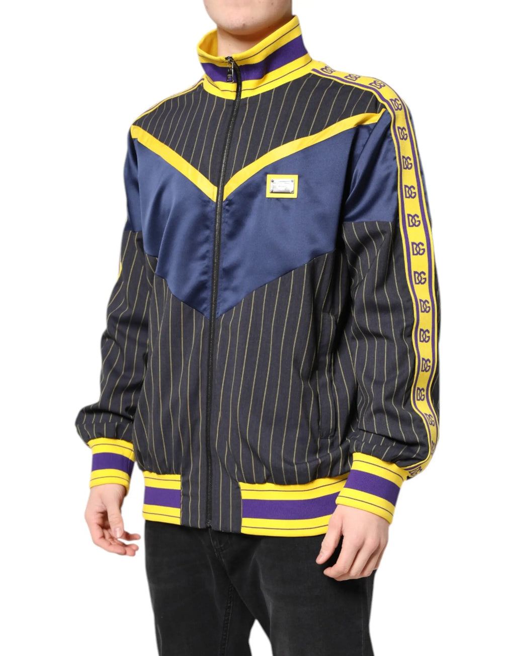 Dolce & gabbana bomber jacket noir rayé avec panneau satin et logo dg répétitif sur les manches