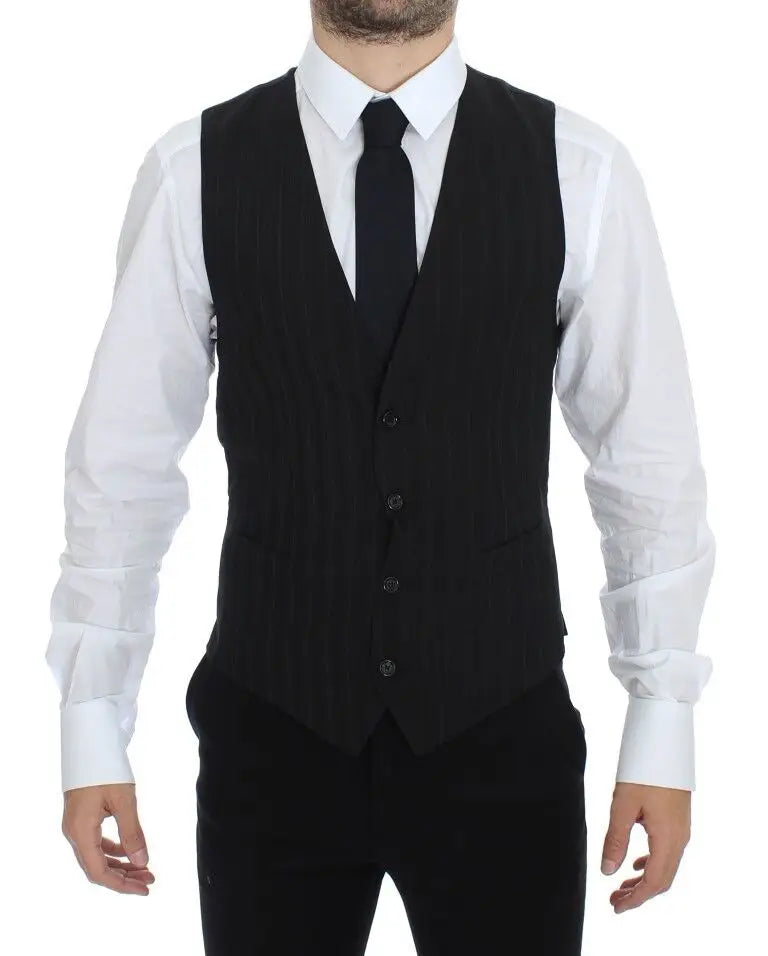 Dolce & gabbana gilet de costume en laine noire à rayures avec cinq boutons et poches passepoilées