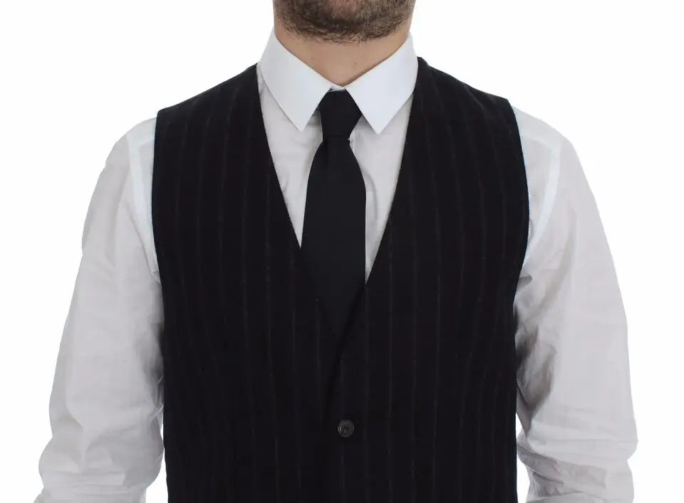 Dolce & gabbana gilet noir en velours à rayures avec fermeture à un bouton en laine et logo