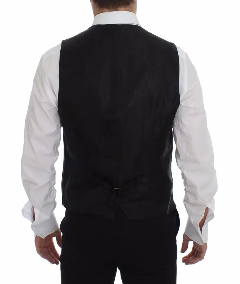 Dolce & gabbana gilet en laine noire rayée avec logo porté sur chemise blanche, gilet texturé sans manches