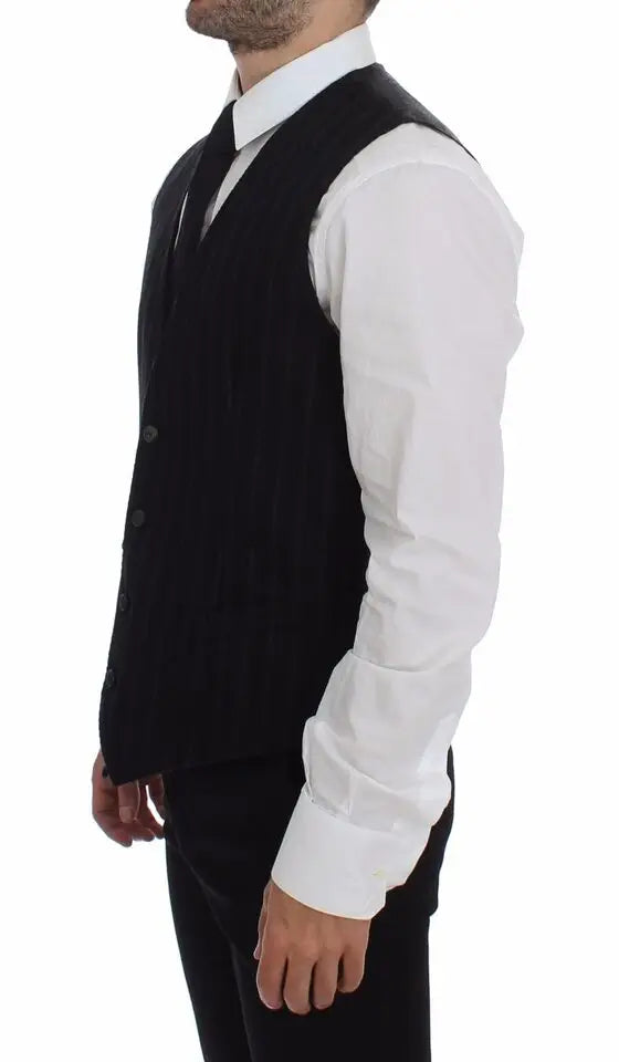 Dolce & gabbana black wool vest with subtle vertical ribbing and classic double-breasted design