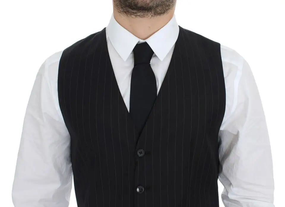 Dolce & gabbana gilet noir à rayures en laine et soie avec col cranté et trois boutons