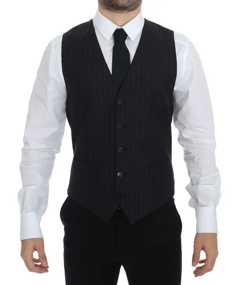 Dolce & gabbana gilet noir rayé en laine et soie avec coupe ajustée et cinq boutons foncés