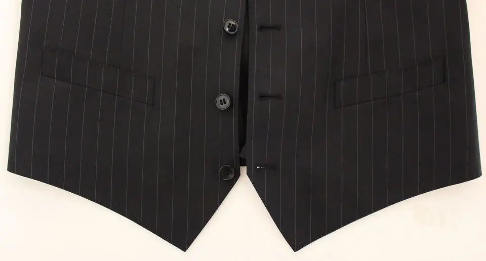 Dolce & gabbana gilet noir à fines rayures en laine et soie avec trois boutons noirs et poches à rabat