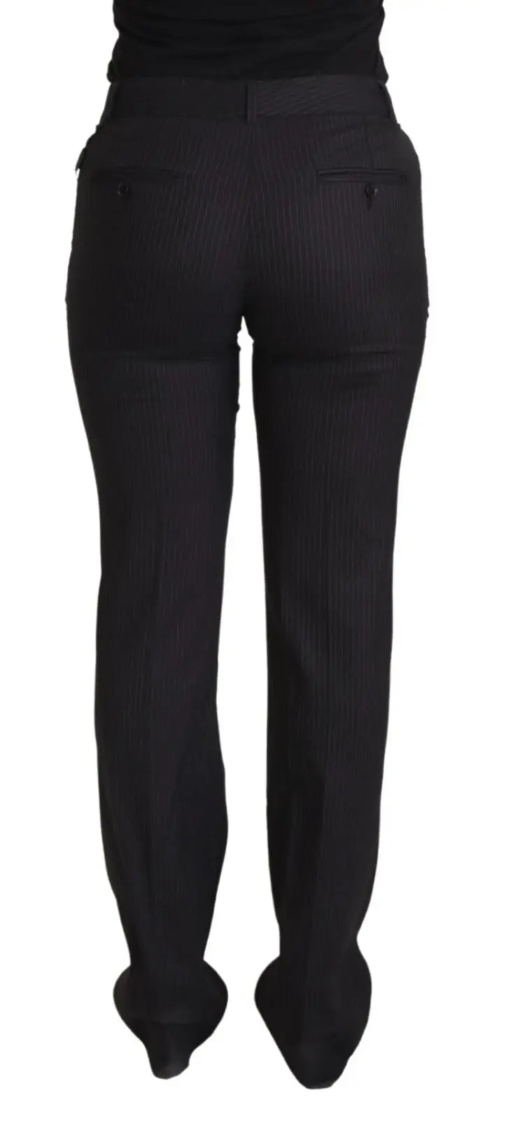 Vue arrière du pantalon dolce & gabbana noir à rayures mi-taille avec poches arrière boutonnées et fines rayures
