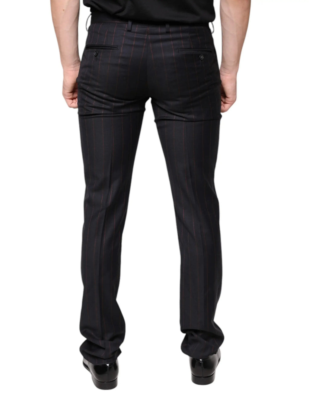 Dolce & gabbana black stripes skinny men dress pants en tissu avec rayures fines noires et détails rouges subtils