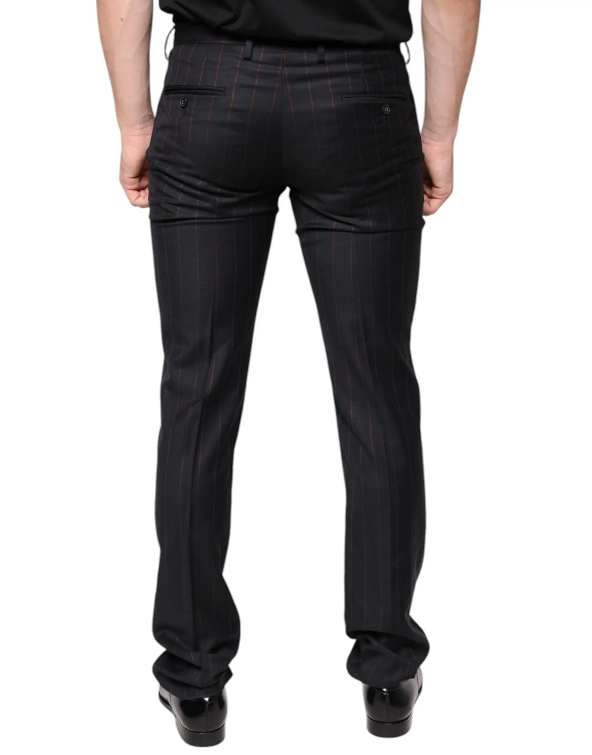 Dolce & gabbana black stripes skinny men dress pants en tissu avec rayures fines noires et détails rouges subtils