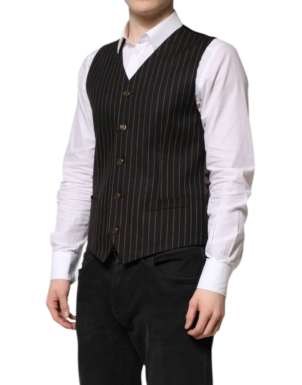 Dolce & gabbana noir rayé gilet en laine pour homme avec boutons dorés et col en v formel