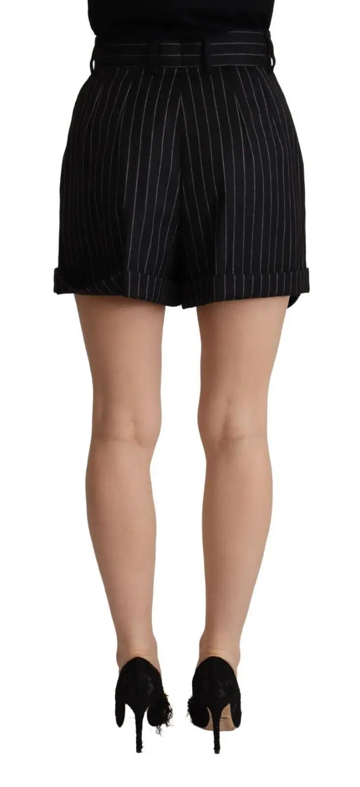 Dolce & gabbana bermuda short taille haute en laine noire à rayures avec revers et ceinture assortie
