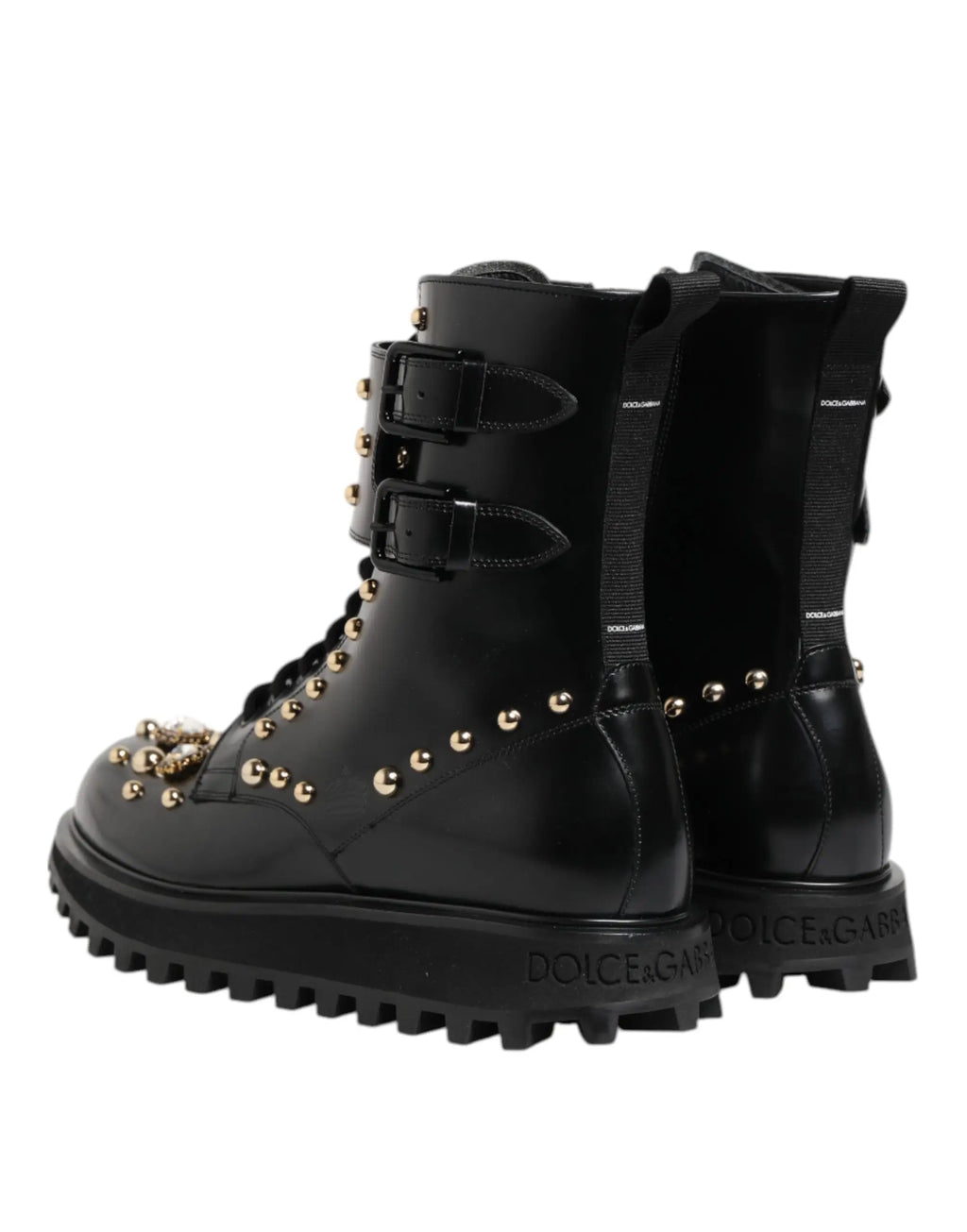 Bottes mi-mollet noires en cuir dolce & gabbana avec lacets, clous dorés et brides à boucles doubles