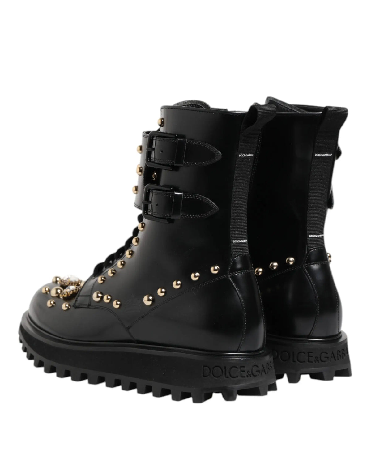 Bottes mi-mollet noires en cuir dolce & gabbana avec lacets, clous dorés et brides à boucles doubles