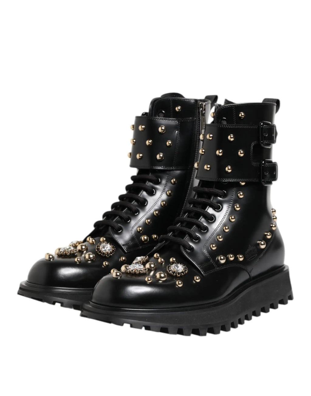 Bottes mi-mollet à lacets dolce & gabbana en cuir noir avec clous argentés et cristaux décoratifs