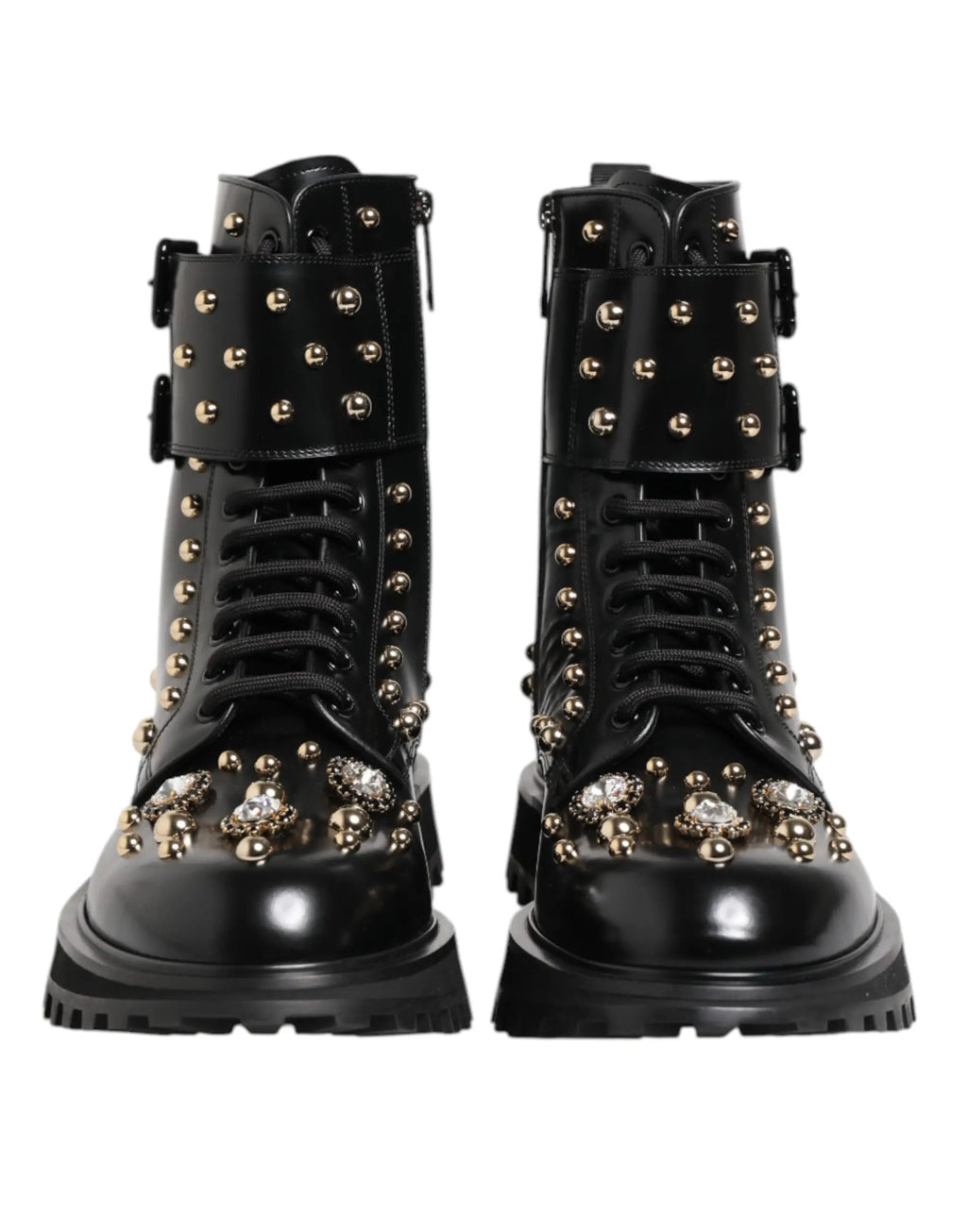 Dolce & Gabbana bottes de combat noires à lacets cloutées avec embellissements en cristal sur le bout