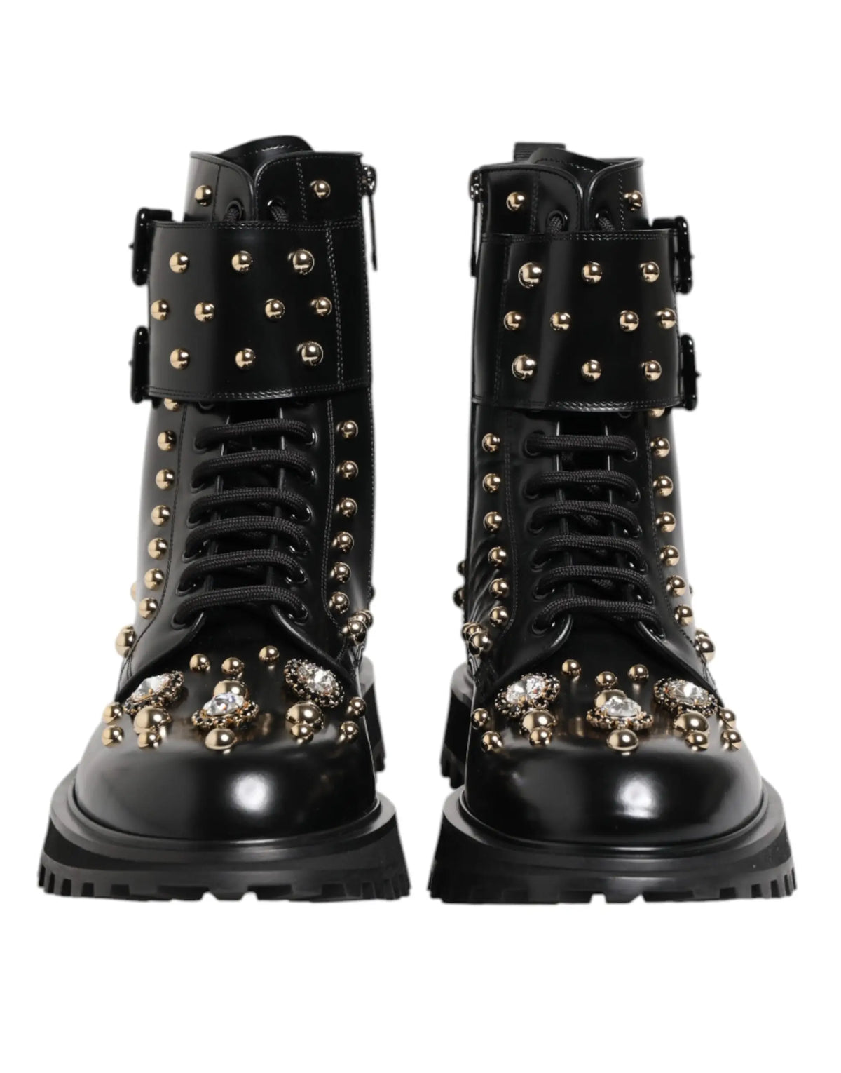Dolce & Gabbana bottes de combat noires à lacets cloutées avec embellissements en cristal sur le bout