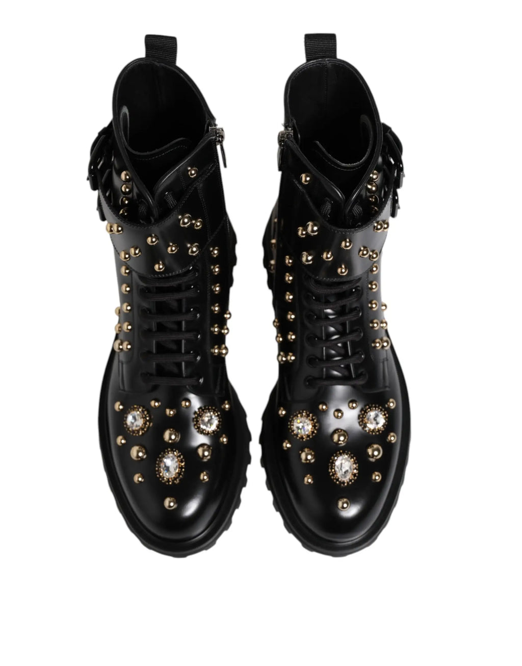 Dolce & Gabbana bottes mi-mollet noires cloutées en cuir avec lacets et cristaux clairs embellissements