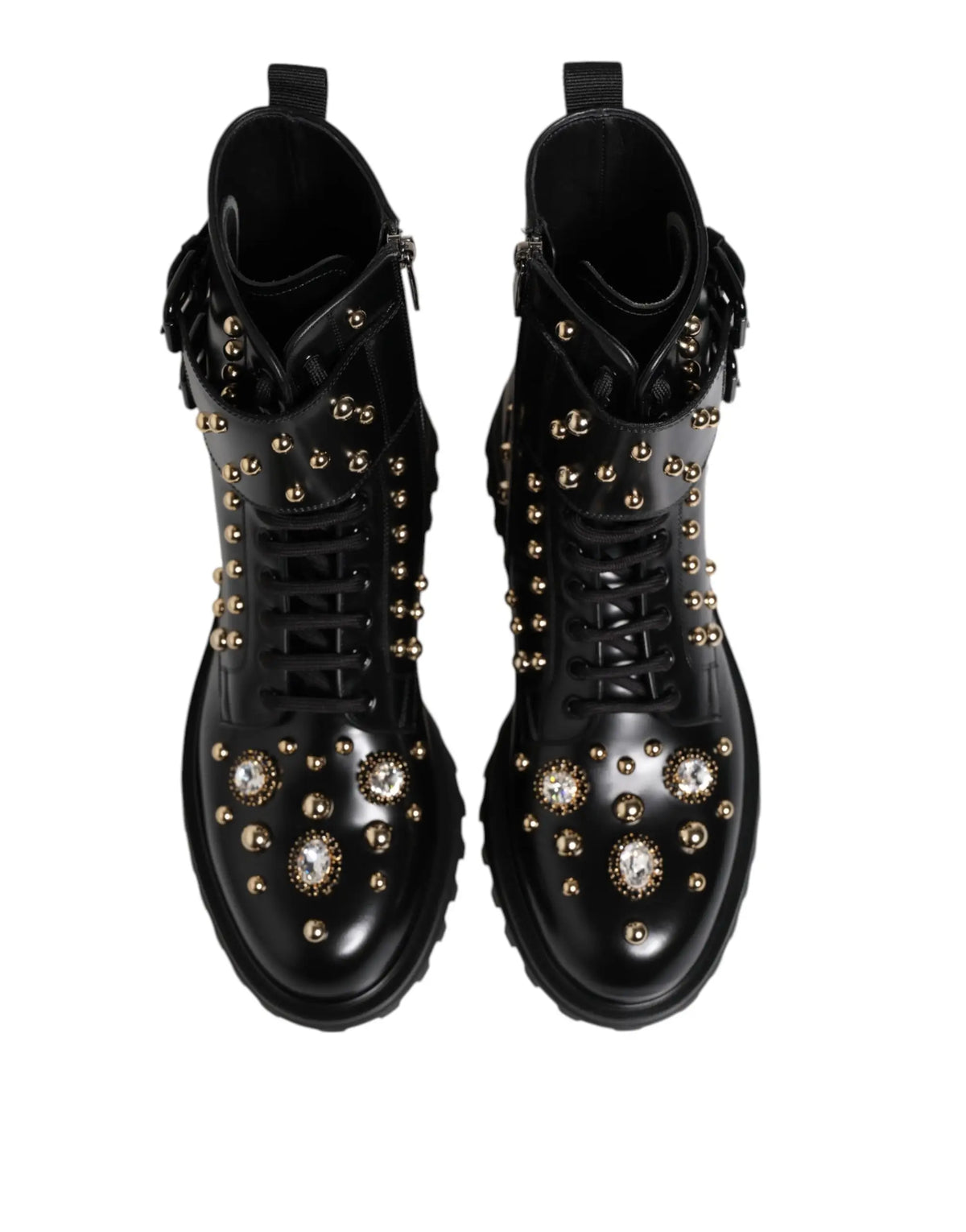 Dolce & Gabbana bottes mi-mollet noires cloutées en cuir avec lacets et cristaux clairs embellissements