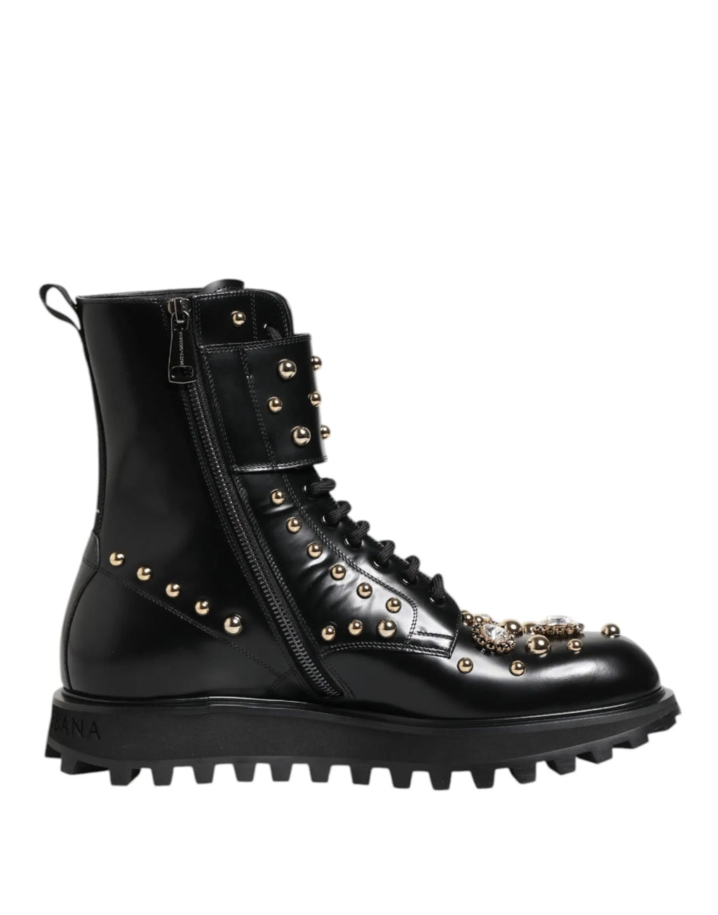 Bottes mi-mollet à lacets dolce & gabbana noires en cuir verni cloutées avec ornement métallique sur le bout