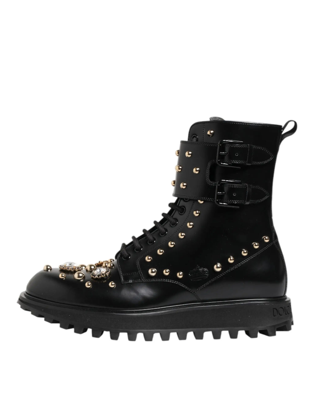 Bottes mi-mollet noires en cuir dolce gabbana avec clous dorés et broche décorative sur le bout