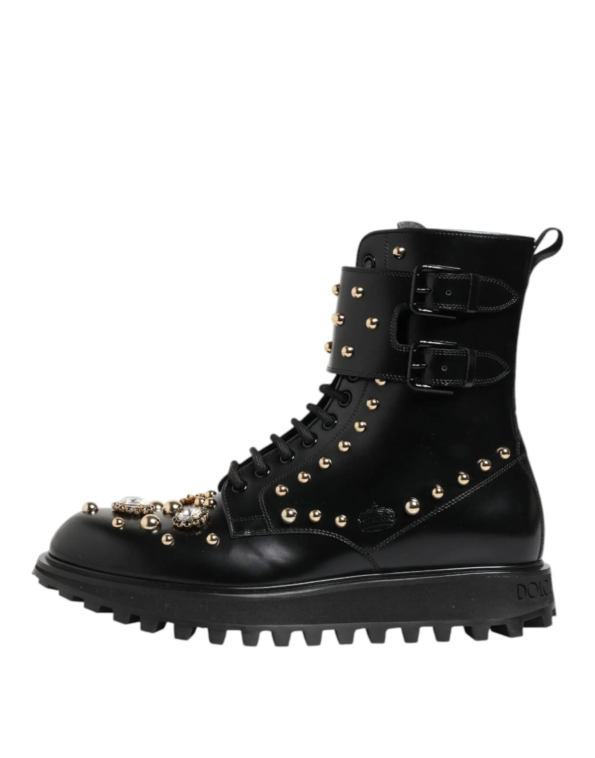 Bottes mi-mollet noires en cuir dolce gabbana avec clous dorés et broche décorative sur le bout
