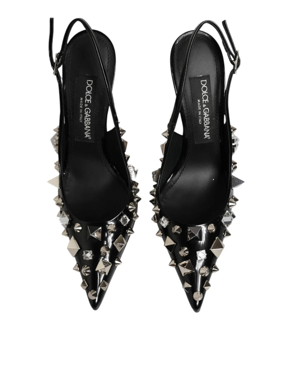 Dolce & gabbana black leather slingback heels with silver studs and crystal accents visible from the back side