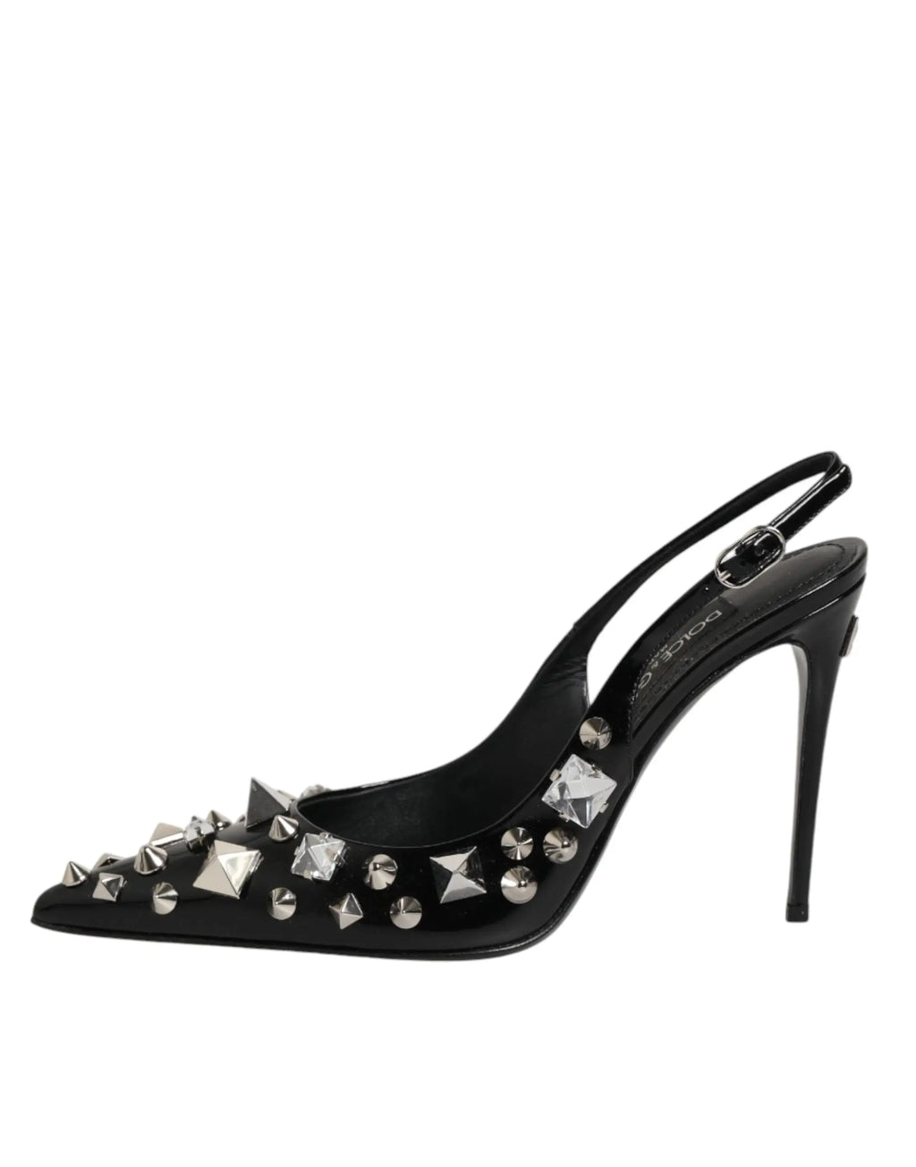 Dolce & gabbana escarpins slingbacks en cuir noir verni avec talons aiguilles et clous argentés décoratifs