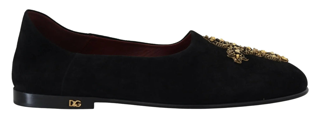 Dolce & gabbana mocassins noirs en daim avec ornement doré et pierres précieuses sur le dessus