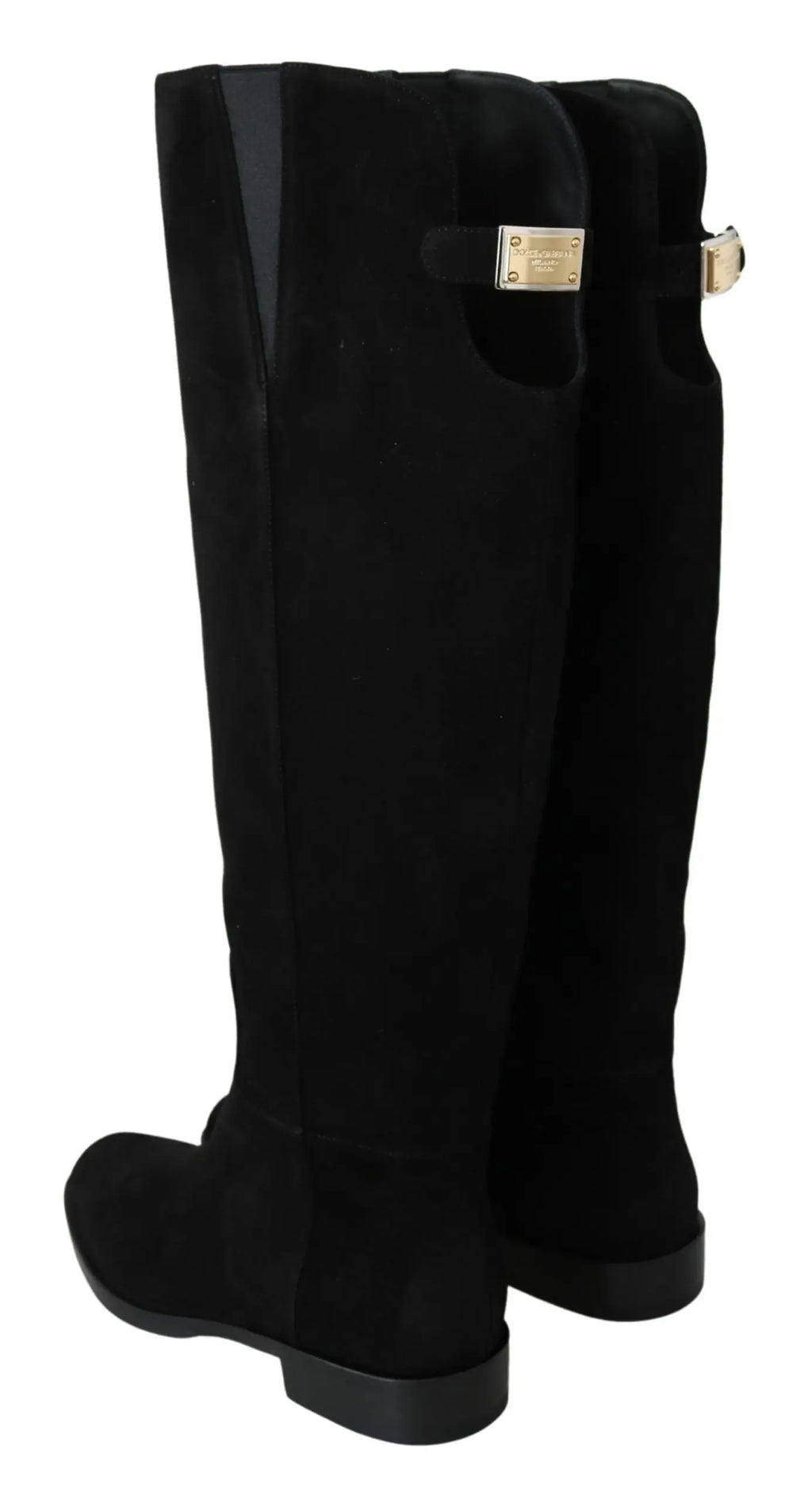 Vue arrière des bottes plates noires en daim noir à hauteur genou avec plaques métalliques dorées dolce gabbana