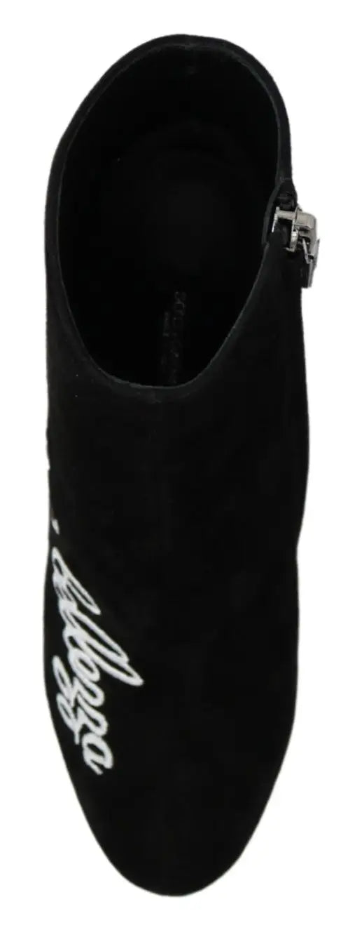 Dolce & gabbana bottines en daim noir avec broderie blanche cursive et tirette argentée l’amore ebellezza