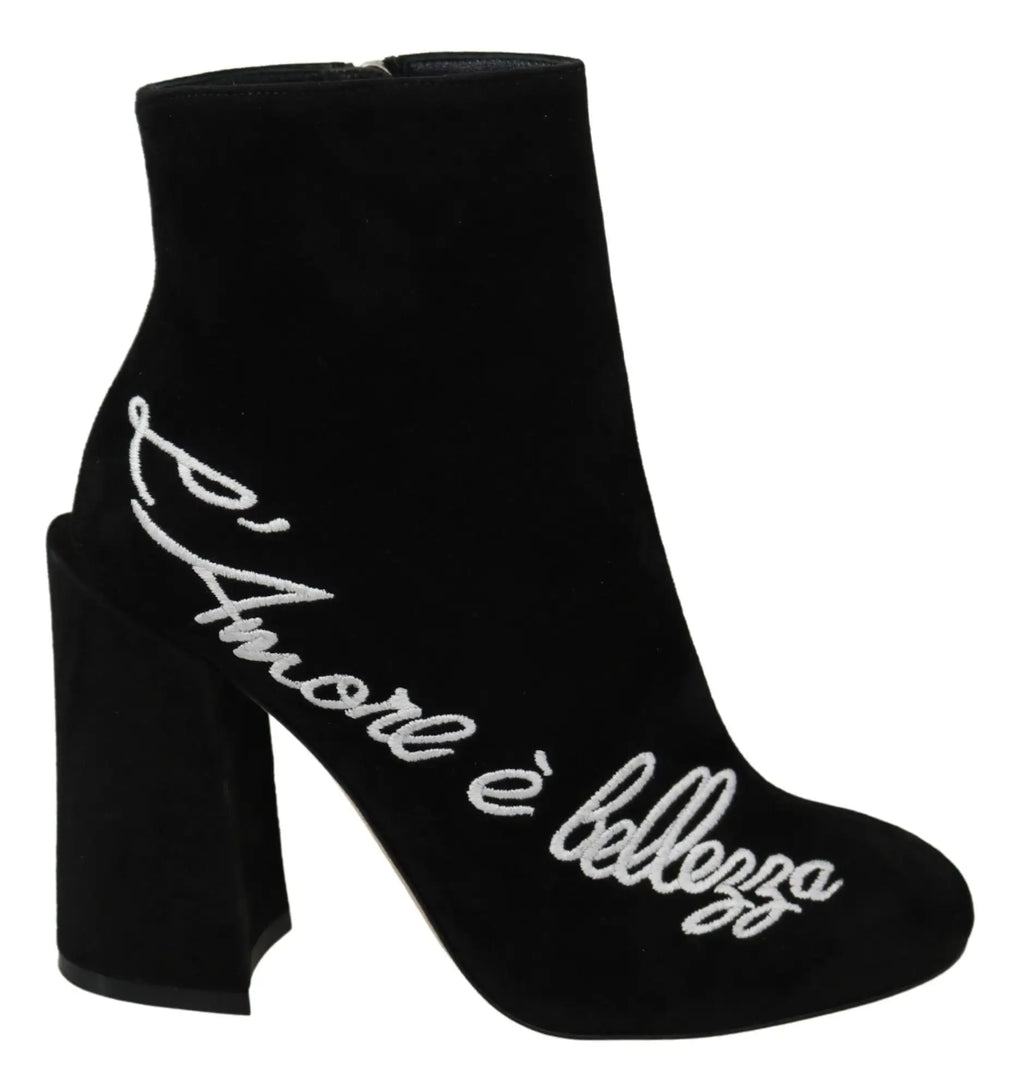Bottines en velours noir dolce & gabbana avec broderie argent l’amore è bellezza en script élégante
